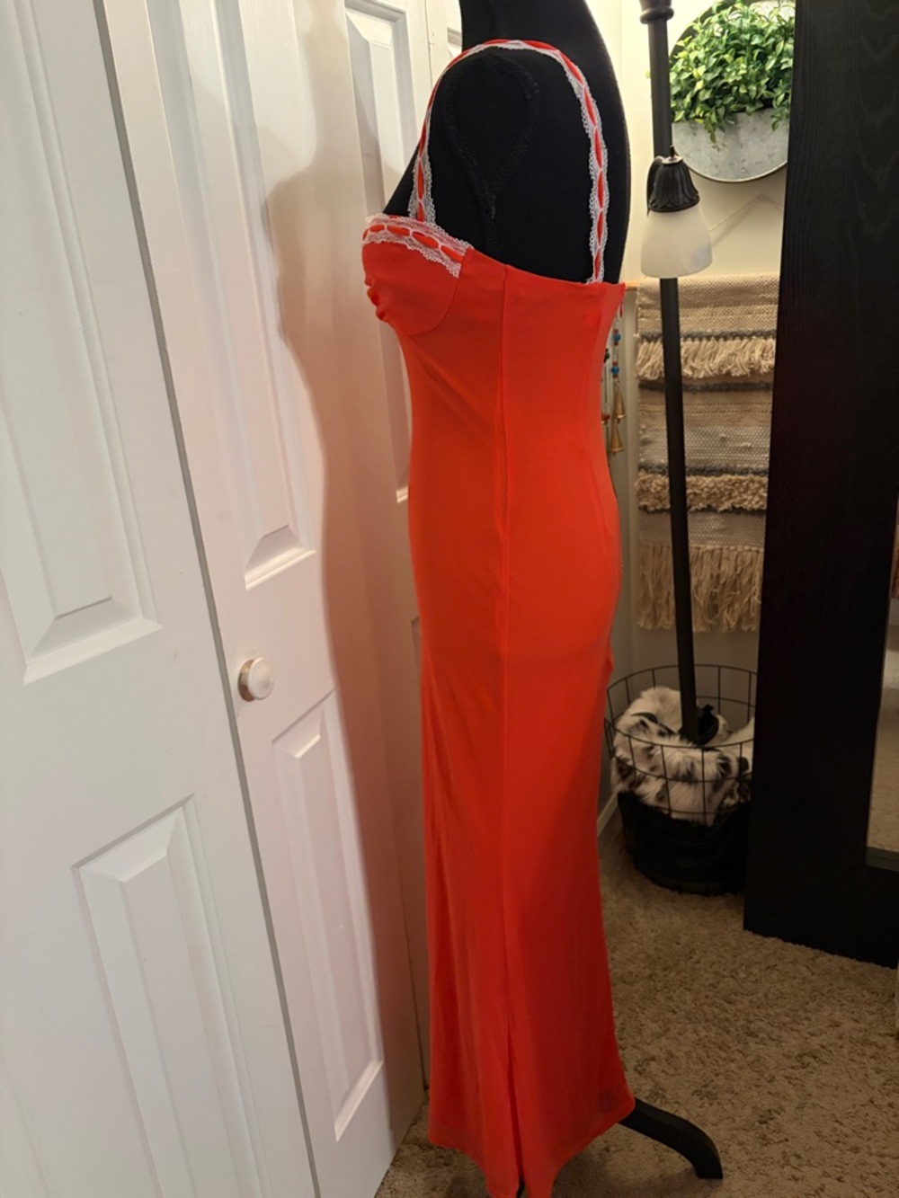 Saints + Secrets Red Orange Lace-Trim Maxi Dress with Sweetheart Bust - Picture 3 of 6